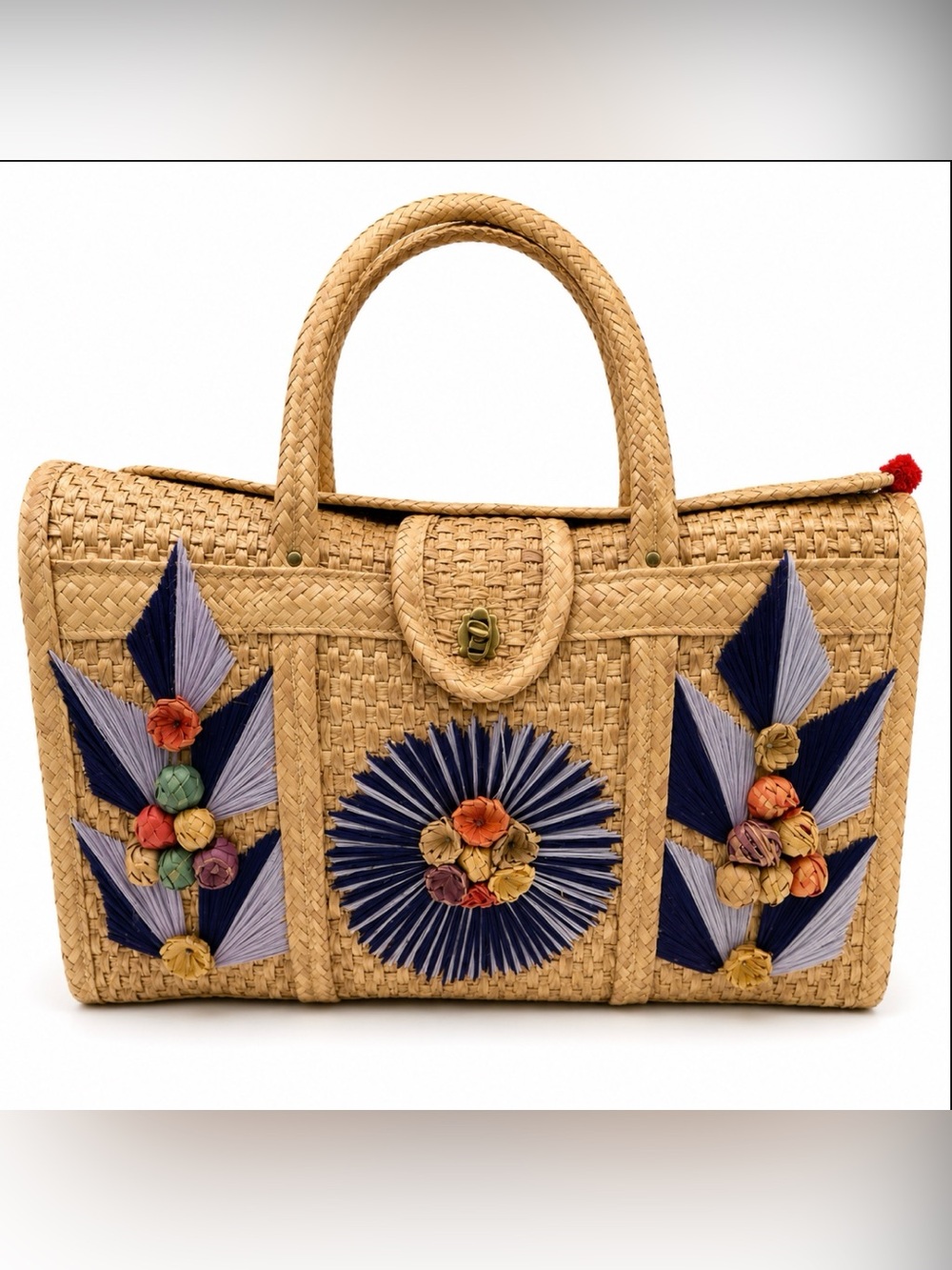 Vintage Mexico Hand Woven Straw Raffia Wicker Beach Tote Market Bag Purse Summer
